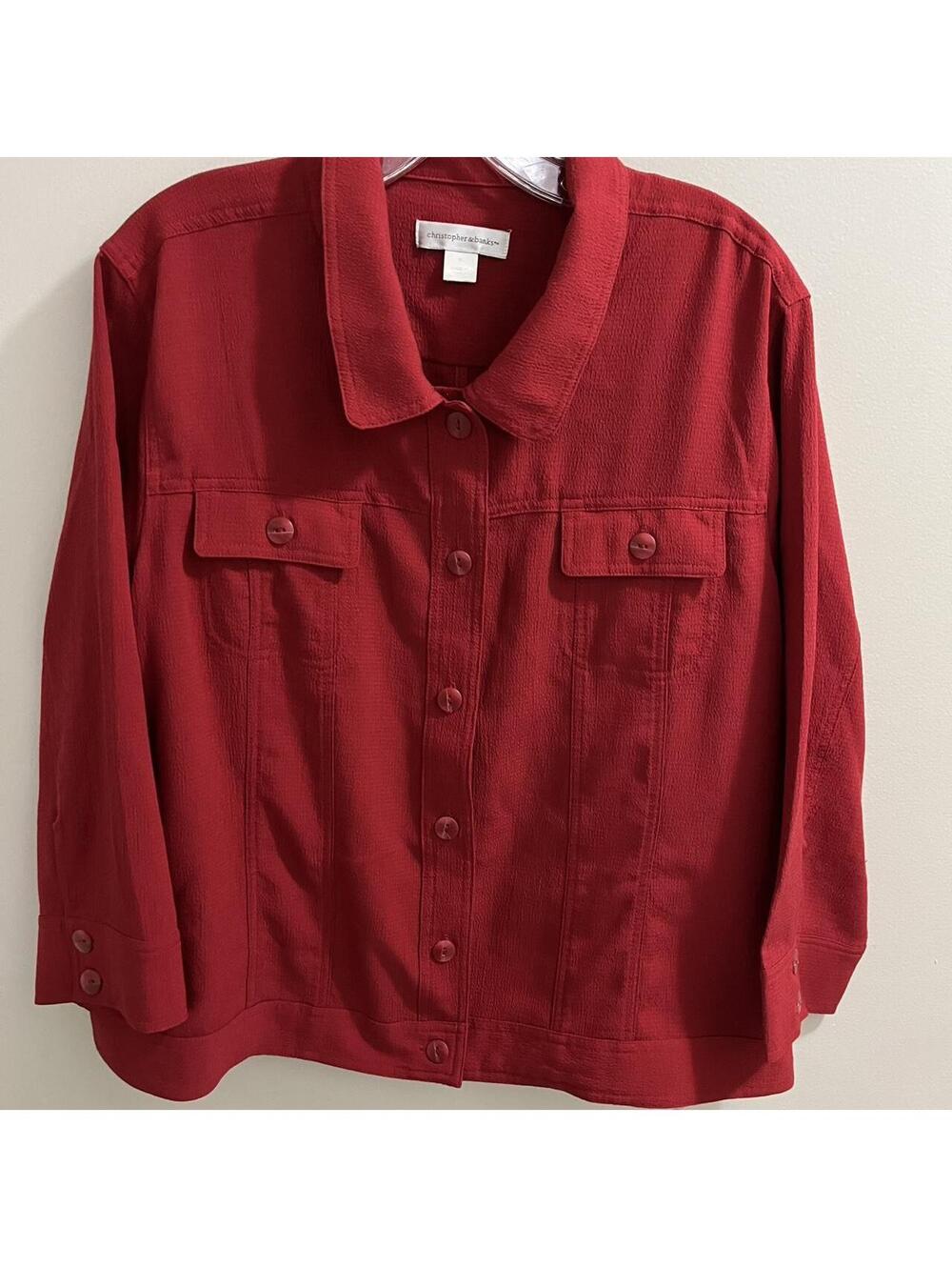 Red cotton jacket with button-up front and pockets #redjacket #casualchic